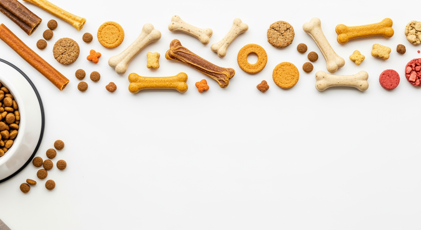 AI Design for I want to generate an image of a "Cat food" category for a website. i should have cat treats, cat food bowl, few bones. some white spacing to. it should be optimizable to mobile version of the website too.   make the fill the page. make in this dimensions 1584 x 396 px, dont add any text. keep the bowl in one corner