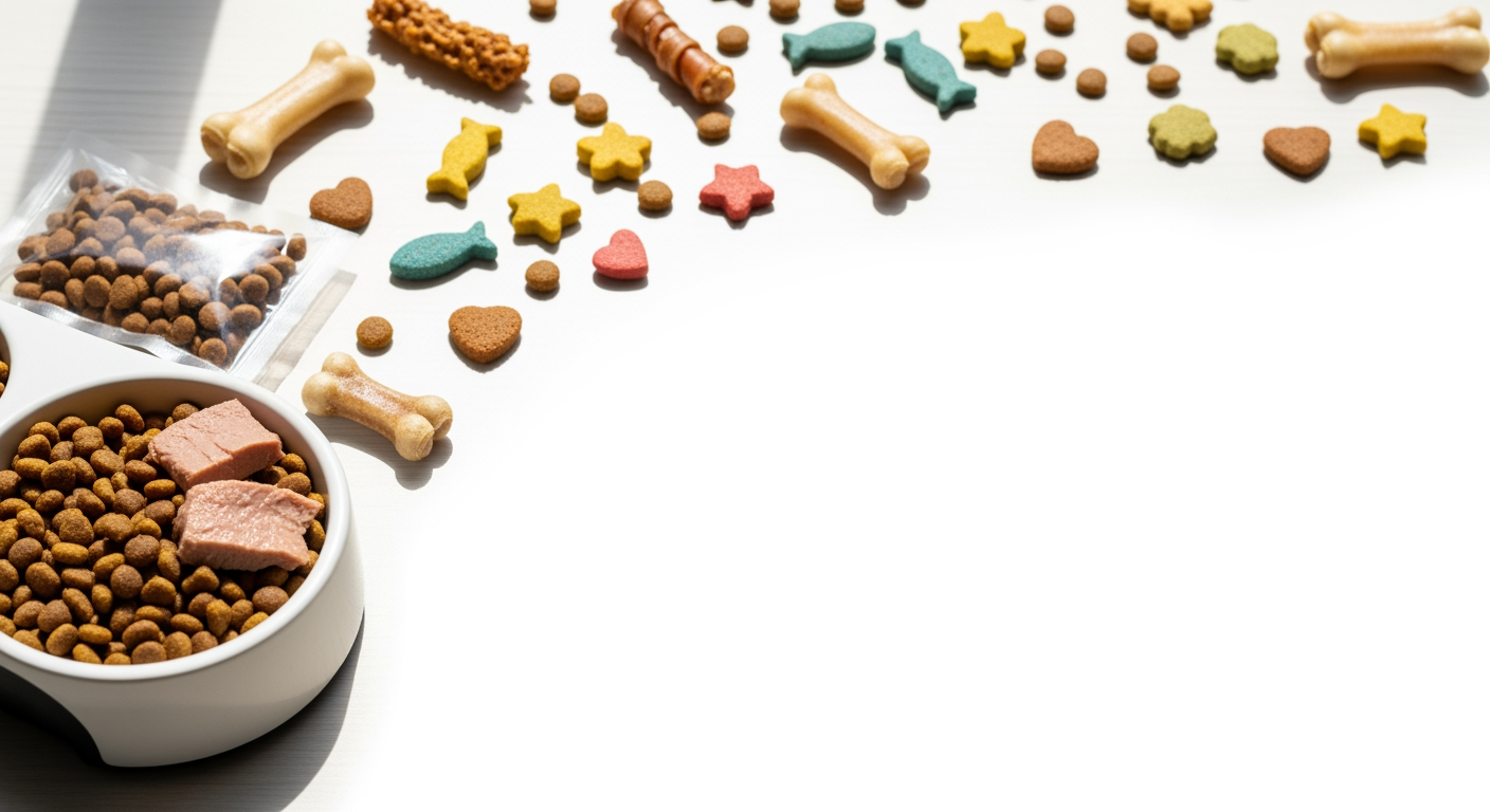 AI Design for I want to generate an image of a "Cat food" category for a website. i should have cat treats, cat food bowl, few bones. some white spacing to. it should be optimizable to mobile version of the website too.   make the fill the page. make this size 1584 x 396 px, dont add any text. keep the bowl in one crner