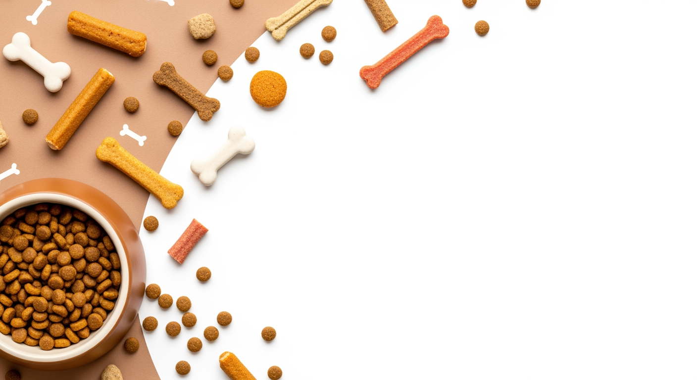AI Design for I want to generate an image of a "Cat food" category for a website. i should have cat treats, cat food bowl, few bones. some white spacing to. it should be optimizable to mobile version of the website too.   make the fill the page. make in this dimensions 1584 x 396 px, dont add any text. keep the bowl in one corner. light brown colour, aesthetic, fill the page