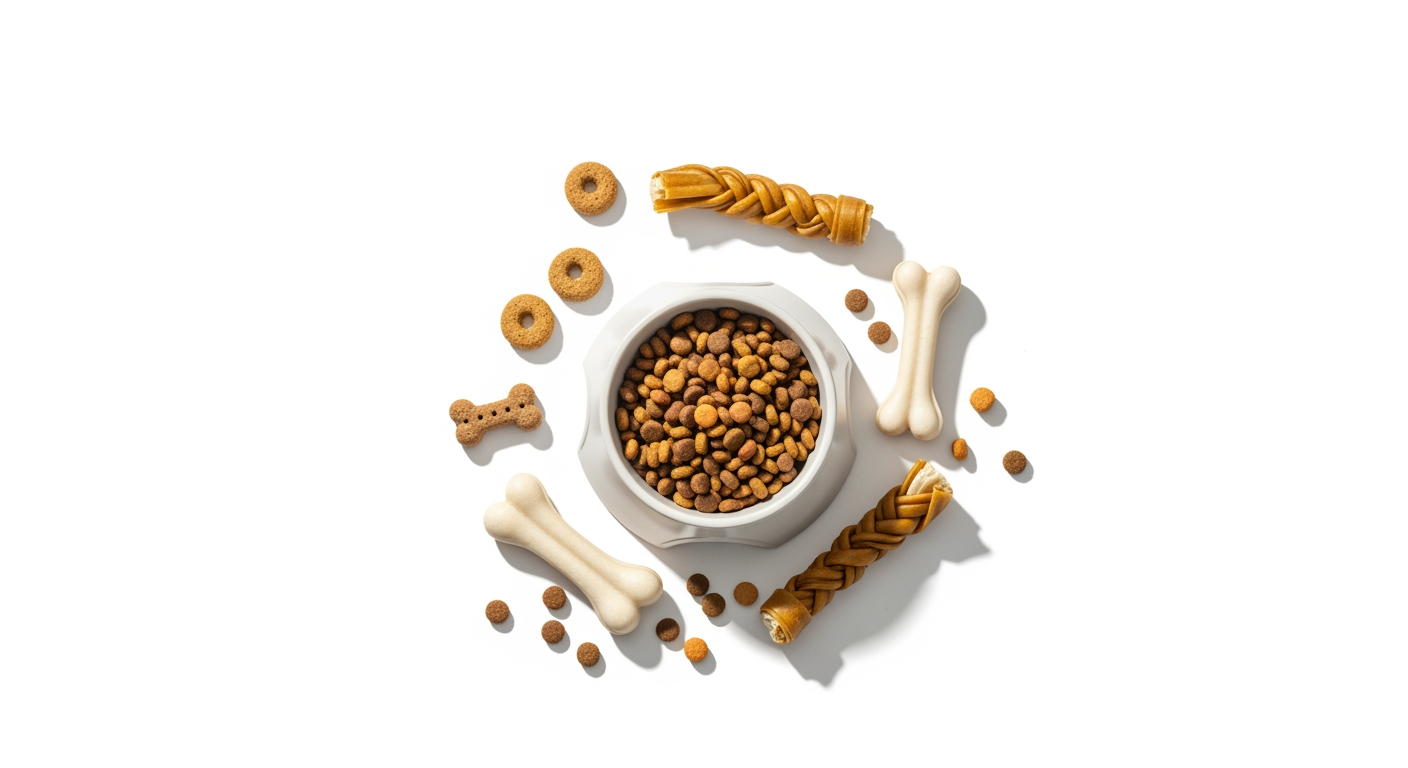 AI Design for I want to generate an image of a "dog food" category for a website. i should have dog treats, dog food bowl, few bones. some white spacing to. it should be optimizable to mobile version of the website too.