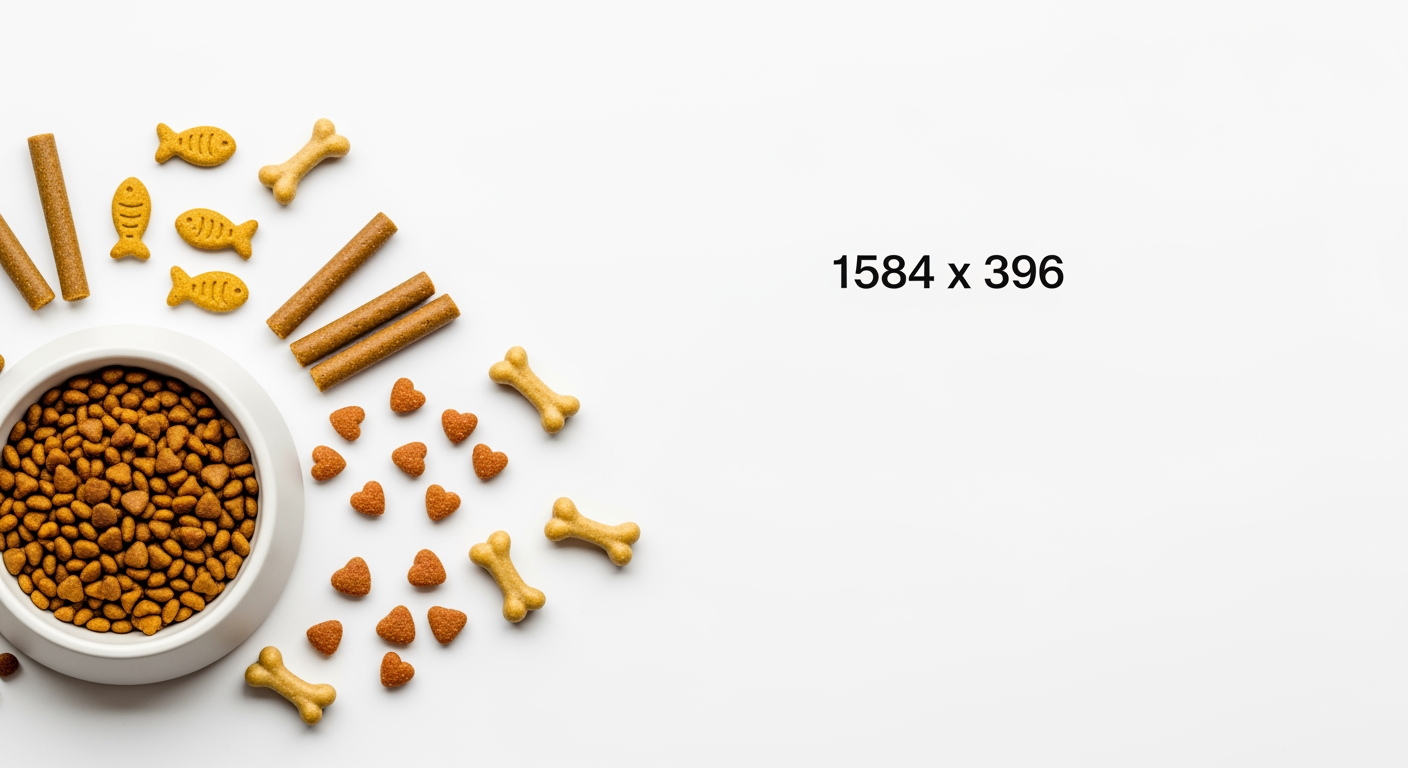 AI Design for I want to generate an image of a "Cat food" category for a website. i should have cat treats, cat food bowl, few bones. some white spacing to. it should be optimizable to mobile version of the website too.   make the fill the page. make this size 1584 x 396 px, dont add any text. keep the bowl in one crner