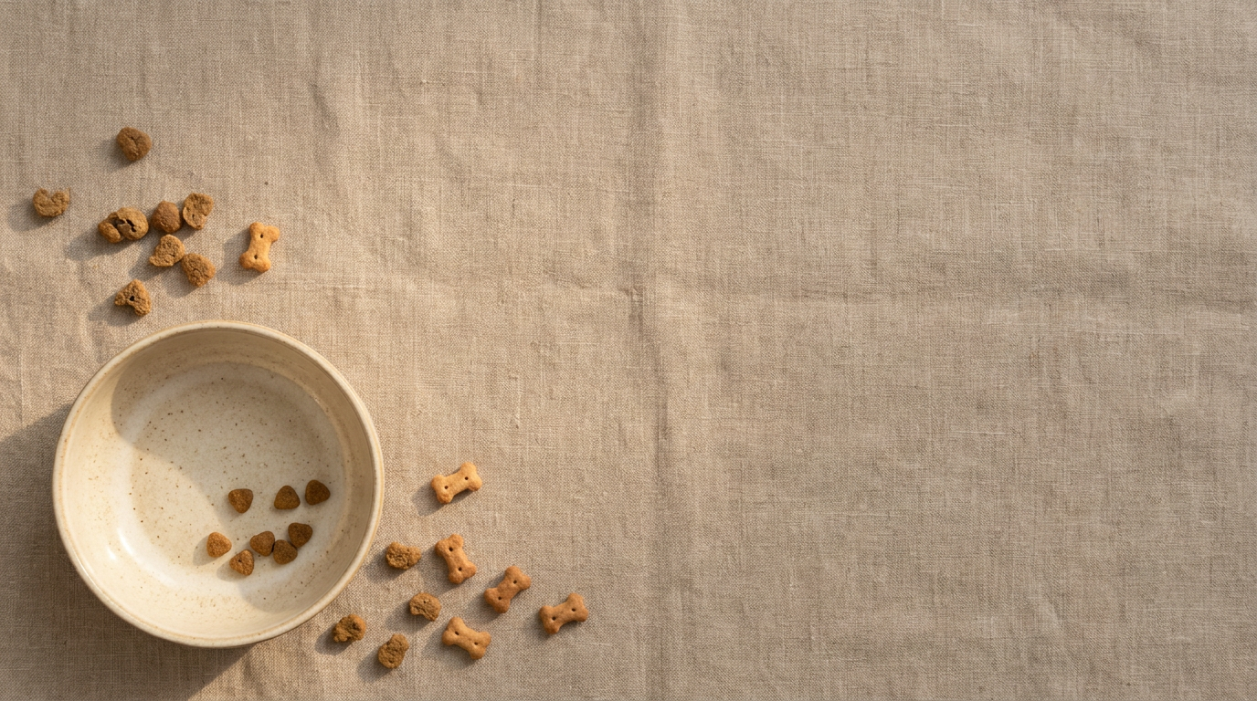 AI Design for A minimalist, aesthetic flat-lay composition for a cat food category banner, featuring a ceramic cat food bowl placed in the bottom-left corner with scattered organic cat treats and small decorative bone-shaped biscuits nearby. The scene is bathed in soft, warm light with a light brown, earthy color palette and generous negative space for clean website UI integration. Shot from a top-down perspective to ensure a balanced, professional look that adapts perfectly to mobile and desktop layouts.