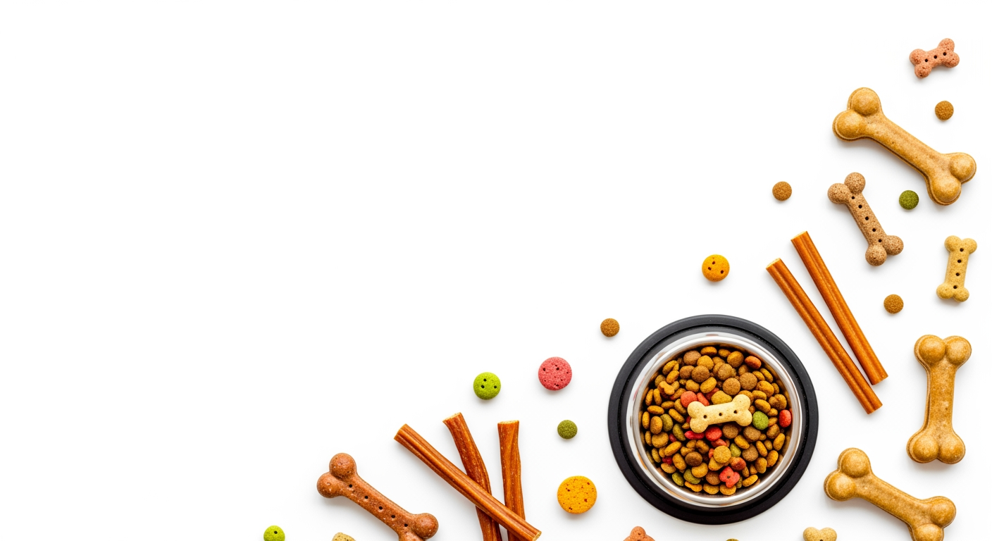 AI Design for I want to generate an image of a "dog food" category for a website. i should have dog treats, dog food bowl, few bones. some white spacing to. it should be optimizable to mobile version of the website too.