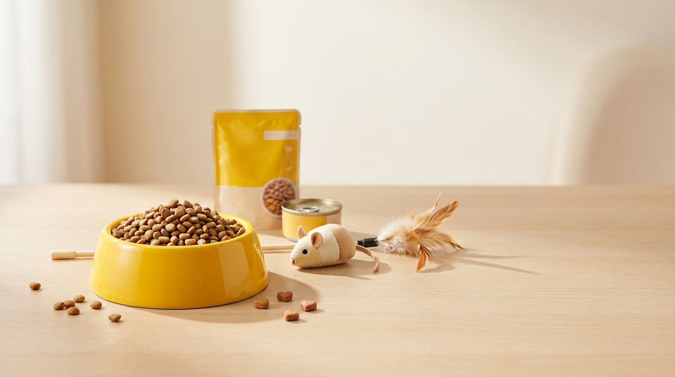 AI Design for Create a premium horizontal category banner (514 × 1462 aspect ratio, ultra-wide crop) for a pet e-commerce app called Petric. Use a clean, bright, warm aesthetic with Petric's signature yellow (#F7C600), cream, beige, and soft wood tones.

Scene: High-quality commercial product photography on a light wooden tabletop. A glossy yellow cat food bowl filled with kibble is the main focal point. Surround it with a small number of carefully arranged cat-related items: a premium cat food pouch with yellow packaging, a can of wet cat food, a plush mouse toy, a feather teaser wand, a few scattered kibble pieces, and subtle cat-shaped treats.

Composition should feel spacious, balanced, and minimal. Leave clean negative space in the center for a future category title overlay. No text, no logos, no labels, no watermarks.

Style: modern pet brand advertising, premium e-commerce banner, soft natural lighting, realistic shadows, shallow depth of field, highly detailed product photography, warm and inviting mood, clean background, professional studio quality.

Avoid clutter. Use fewer props than a typical flat lay. Focus on elegance, cleanliness, and visual hierarchy. Products should fill the banner naturally while maintaining breathing room. Photorealistic, 4K quality.