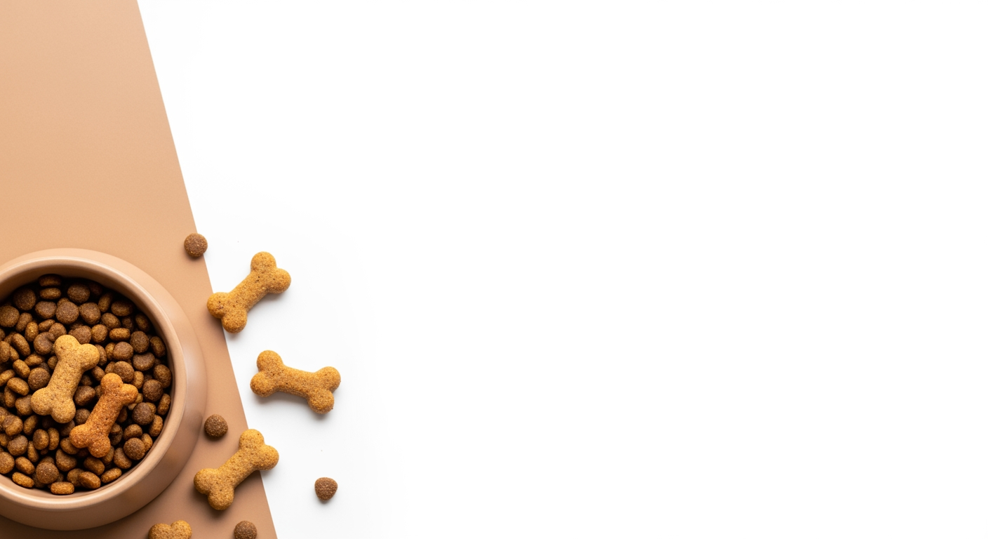 AI Design for I want to generate an image of a "Cat food" category for a website. i should have cat treats, cat food bowl, few bones. some white spacing to. it should be optimizable to mobile version of the website too.   make the fill the page. make in this dimensions 1584 x 396 px, dont add any text. keep the bowl in one corner. light brown colour, aesthetic, fill the page