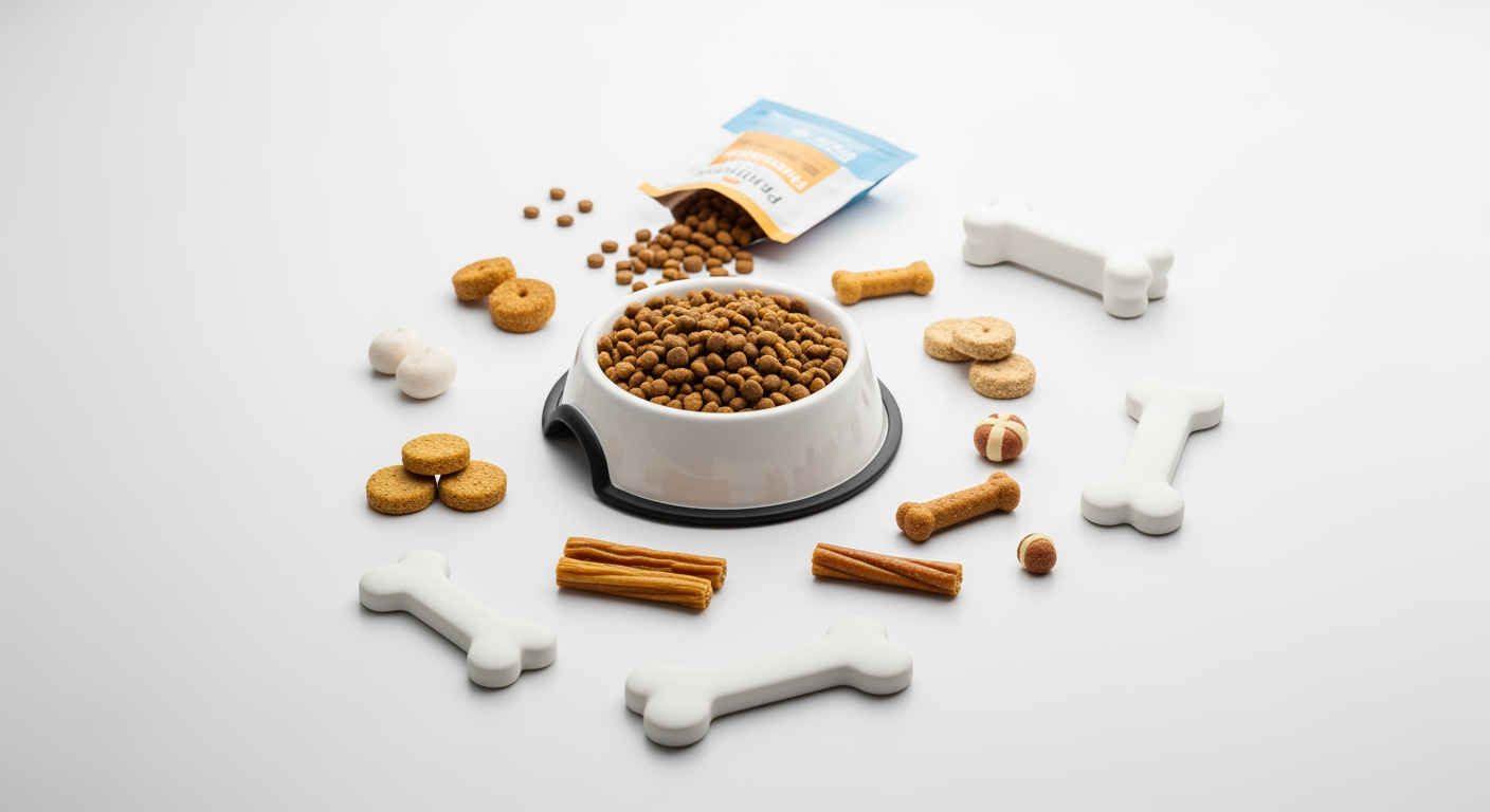 AI Design for I want to generate an image of a "dog food" category for a website. i should have dog treats, dog food bowl, few bones. some white spacing to. it should be optimizable to mobile version of the website too.