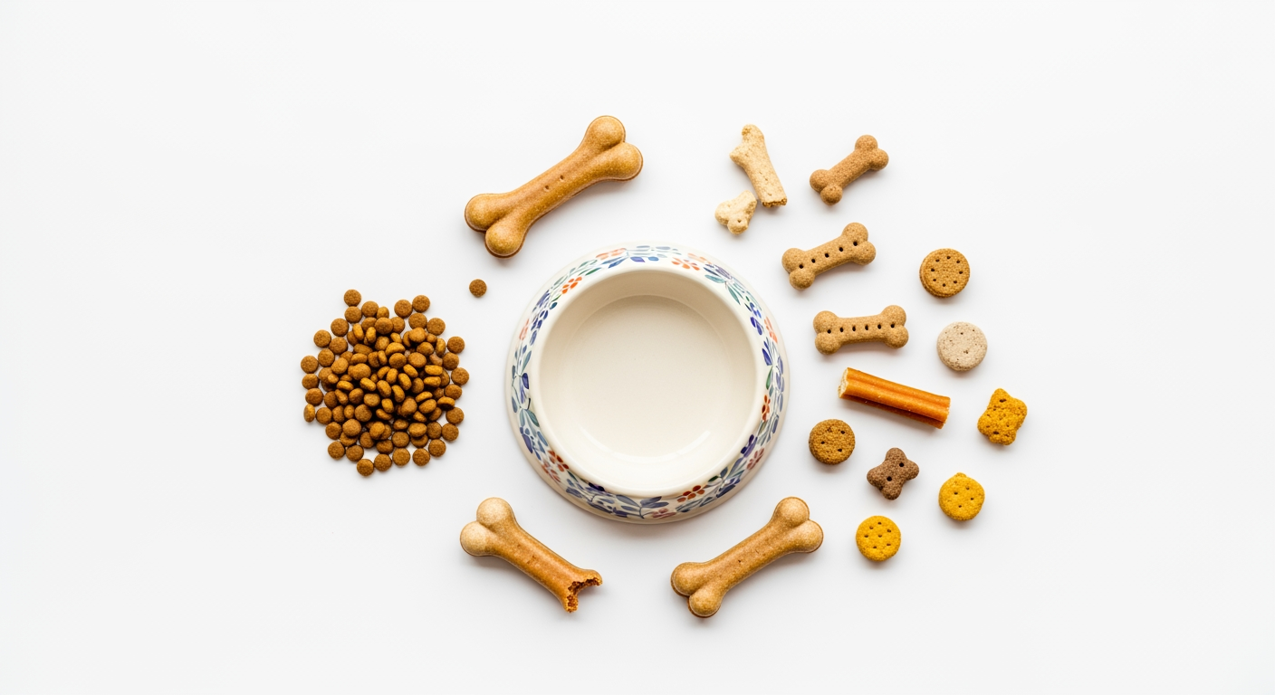 AI Design for I want to generate an image of a "dog food" category for a website. i should have dog treats, dog food bowl, few bones. some white spacing to. it should be optimizable to mobile version of the website too.