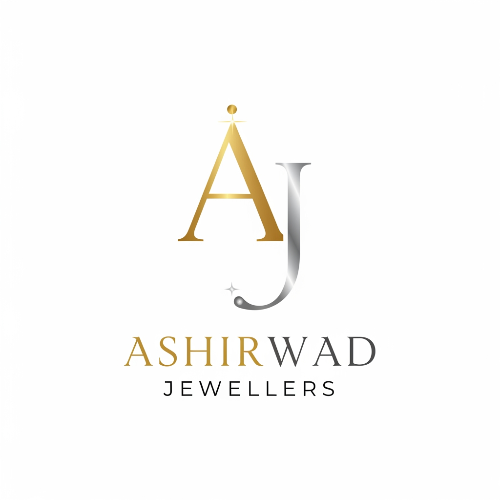 AI Design for a logo for jewellery shop named Ashirwad Jewellers use minnimal symbols of gold and silver 6*2 cm^2