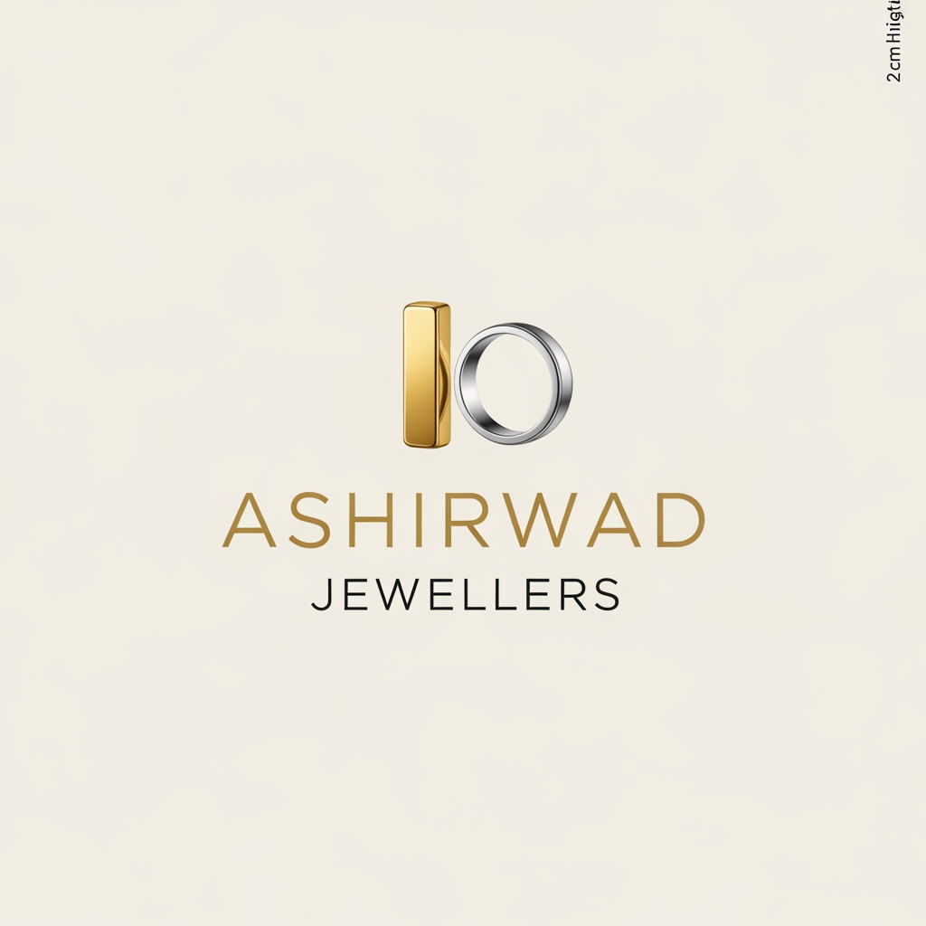 AI Design for a logo for jewellery shop named Ashirwad Jewellers use minnimal symbols of gold and silver 6*2 cm^2