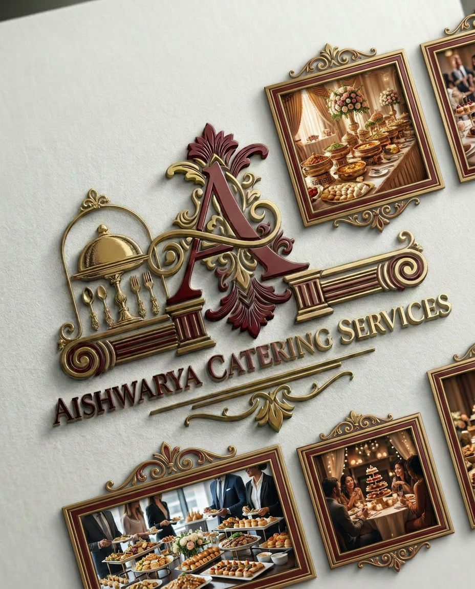 AI Design for add some other pics on right side of the logo matching the catering service of marriage orders corporate events mini functions etc. not with restaurant pics