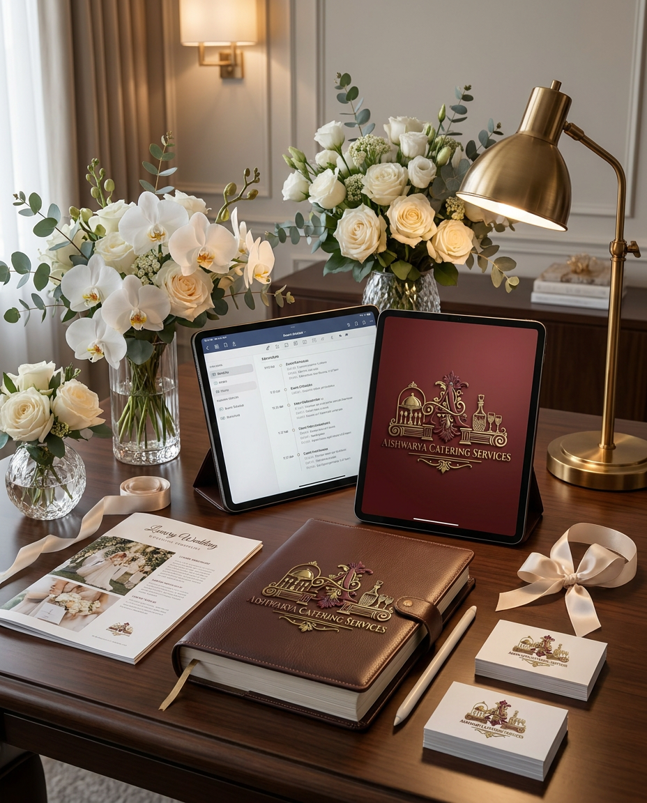 AI Design for A sophisticated, high-end event management and wedding planning workspace featuring elegant floral arrangements, modern digital planning tablets, and luxury wedding brochures laid out on a clean, professional desk. Soft, warm ambient lighting illuminates the scene, creating an inviting and organized atmosphere suitable for premium event coordination services.