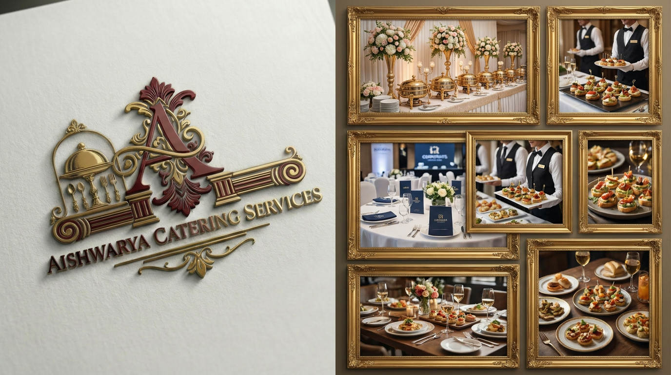 AI Design for add some other pics on right side of the logo matching the catering service of marriage orders corporate events mini functions etc. not with restaurant pics