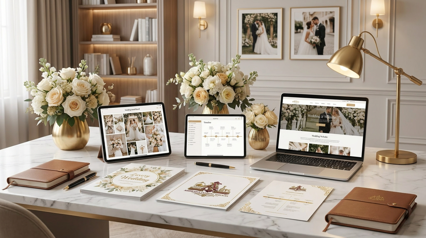 AI Design for A sophisticated, high-end event management and wedding planning workspace featuring elegant floral arrangements, modern digital planning tablets, and luxury wedding brochures laid out on a clean, professional desk. Soft, warm ambient lighting illuminates the scene, creating an inviting and organized atmosphere suitable for premium event coordination services.