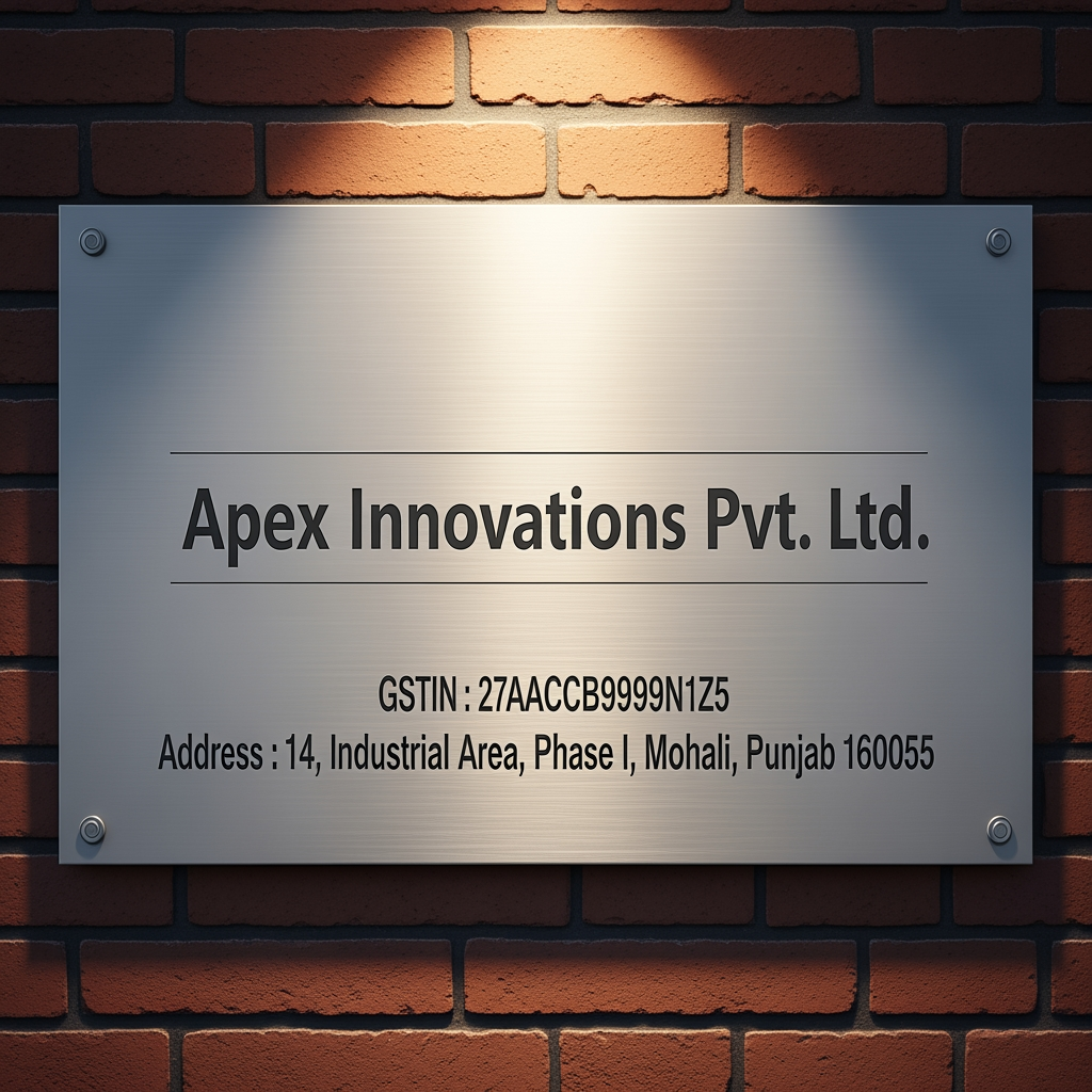 AI Design for design a company name board with gst and address