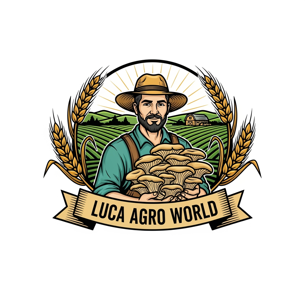 AI Design for Create a premium vintage-style agricultural logo for "LUCA AGRO WORLD". A confident farmer wearing a straw hat is holding a large bunch of fresh oyster mushrooms in the center. Include golden ripe wheat branches elegantly surrounding the logo on both sides, symbolizing agriculture and prosperity. In the background, show a clean farm landscape with green fields, a barn, and subtle sunrise rays. Use a circular emblem design with detailed line art, natural green, gold, and earthy brown colors. Add a professional ribbon banner displaying "LUCA AGRO WORLD" in bold classic serif typography. High-detail vector logo, balanced composition, premium branding, vintage farm badge style, clean white background, scalable, professional company identity, award-winning logo design.