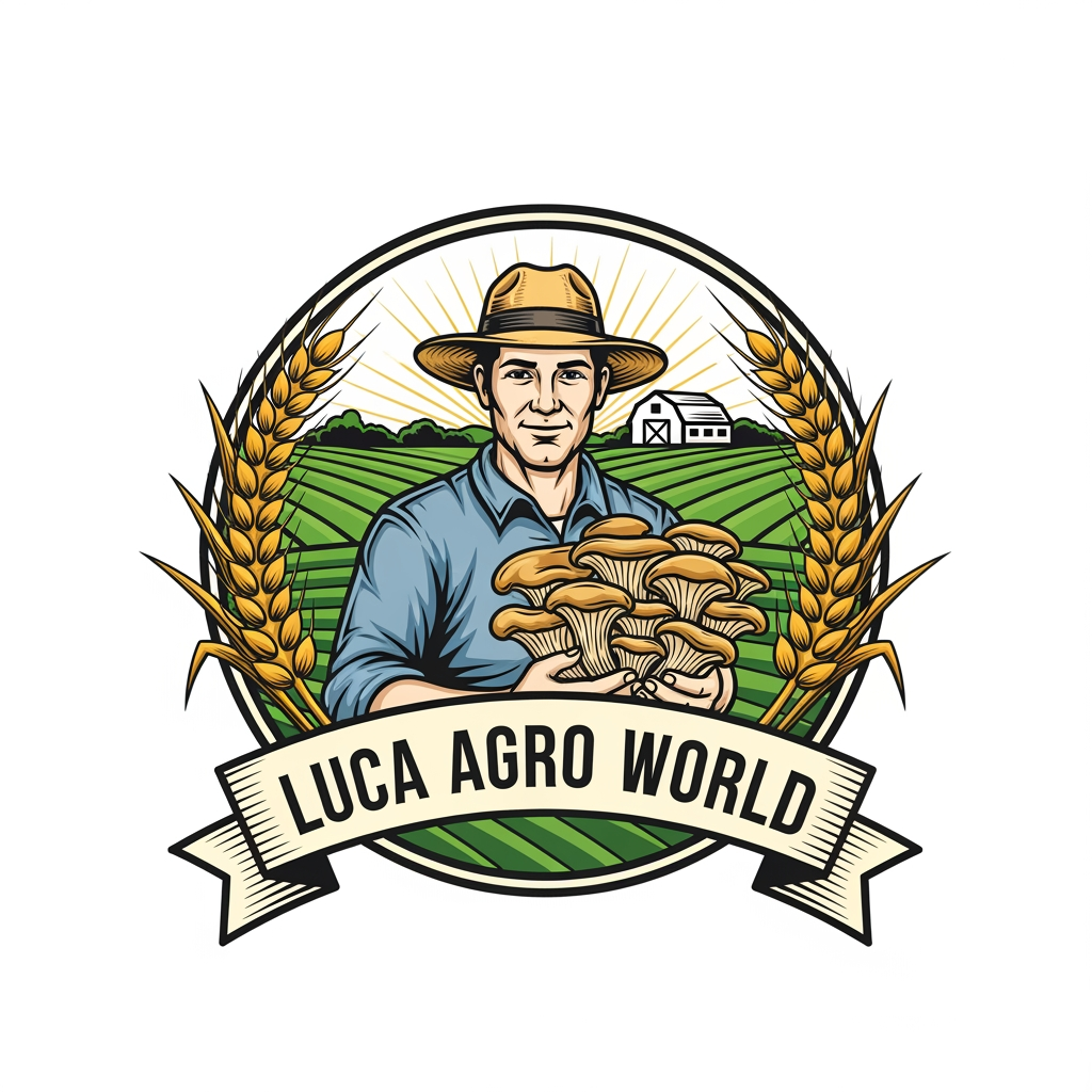AI Design for Create a premium vintage-style agricultural logo for "LUCA AGRO WORLD". A confident farmer wearing a straw hat is holding a large bunch of fresh oyster mushrooms in the center. Include golden ripe wheat branches elegantly surrounding the logo on both sides, symbolizing agriculture and prosperity. In the background, show a clean farm landscape with green fields, a barn, and subtle sunrise rays. Use a circular emblem design with detailed line art, natural green, gold, and earthy brown colors. Add a professional ribbon banner displaying "LUCA AGRO WORLD" in bold classic serif typography. High-detail vector logo, balanced composition, premium branding, vintage farm badge style, clean white background, scalable, professional company identity, award-winning logo design.