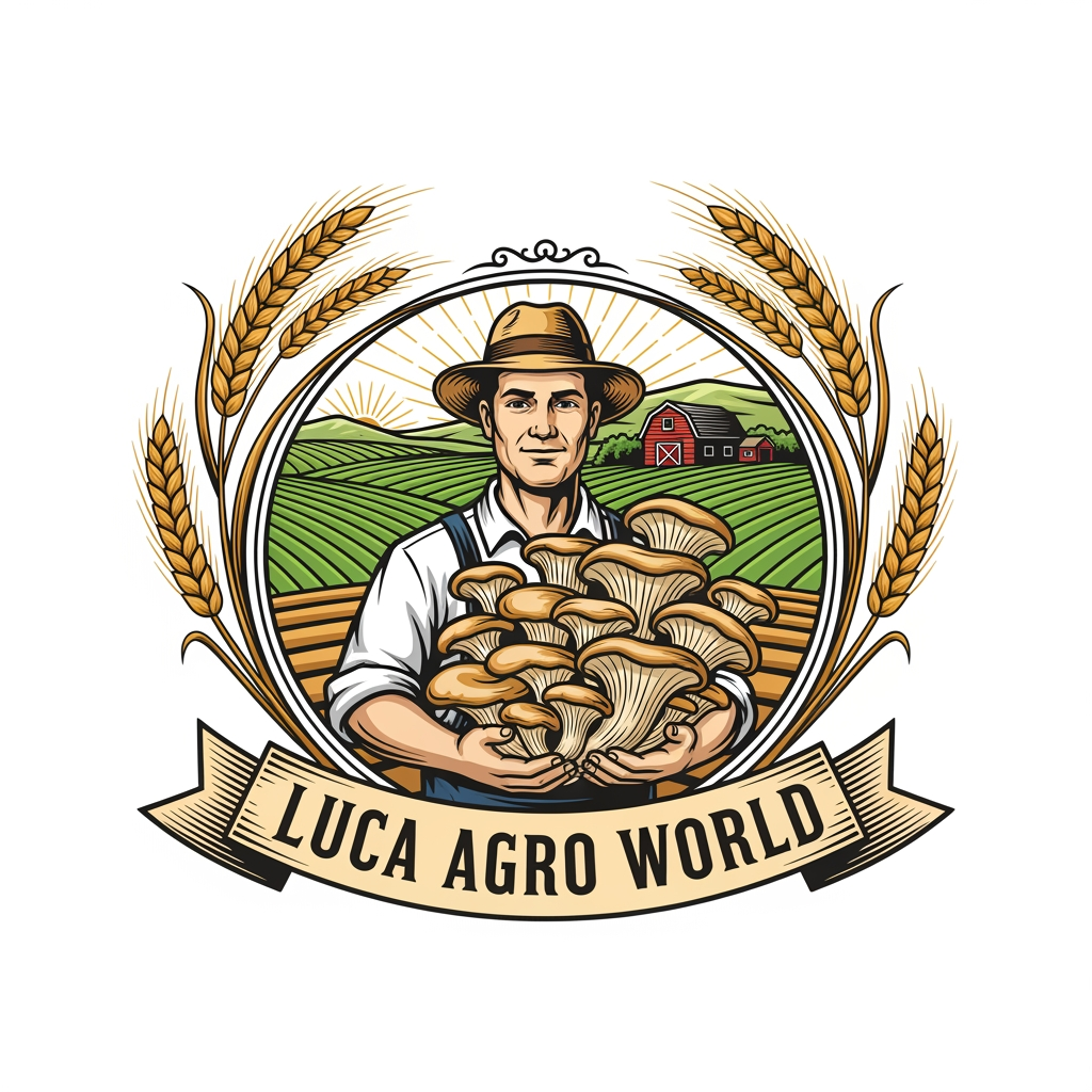 AI Design for Create a premium vintage-style agricultural logo for "LUCA AGRO WORLD". A confident farmer wearing a straw hat is holding a large bunch of fresh oyster mushrooms in the center. Include golden ripe wheat branches elegantly surrounding the logo on both sides, symbolizing agriculture and prosperity. In the background, show a clean farm landscape with green fields, a barn, and subtle sunrise rays. Use a circular emblem design with detailed line art, natural green, gold, and earthy brown colors. Add a professional ribbon banner displaying "LUCA AGRO WORLD" in bold classic serif typography. High-detail vector logo, balanced composition, premium branding, vintage farm badge style, clean white background, scalable, professional company identity, award-winning logo design.