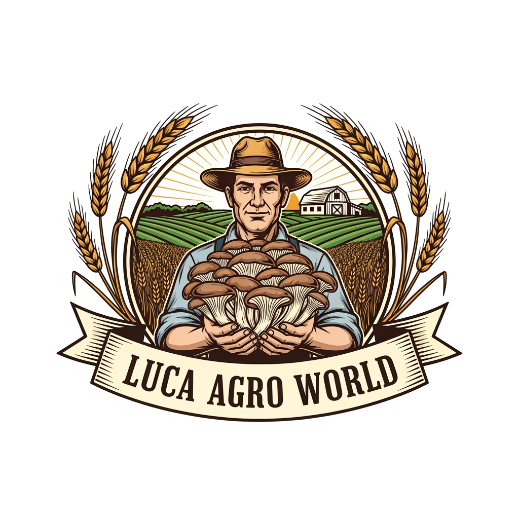 AI Design for Create a premium vintage-style agricultural logo for "LUCA AGRO WORLD". A confident farmer wearing a straw hat is holding a large bunch of fresh oyster mushrooms in the center. Include golden ripe wheat branches elegantly surrounding the logo on both sides, symbolizing agriculture and prosperity. In the background, show a clean farm landscape with green fields, a barn, and subtle sunrise rays. Use a circular emblem design with detailed line art, natural green, gold, and earthy brown colors. Add a professional ribbon banner displaying "LUCA AGRO WORLD" in bold classic serif typography. High-detail vector logo, balanced composition, premium branding, vintage farm badge style, clean white background, scalable, professional company identity, award-winning logo design.