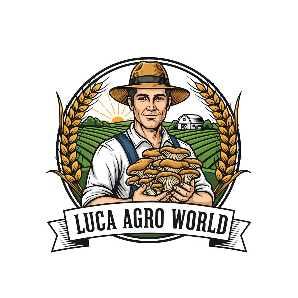 AI Design for Create a premium vintage-style agricultural logo for "LUCA AGRO WORLD". A confident farmer wearing a straw hat is holding a large bunch of fresh oyster mushrooms in the center. Include golden ripe wheat branches elegantly surrounding the logo on both sides, symbolizing agriculture and prosperity. In the background, show a clean farm landscape with green fields, a barn, and subtle sunrise rays. Use a circular emblem design with detailed line art, natural green, gold, and earthy brown colors. Add a professional ribbon banner displaying "LUCA AGRO WORLD" in bold classic serif typography. High-detail vector logo, balanced composition, premium branding, vintage farm badge style, clean white background, scalable, professional company identity, award-winning logo design.