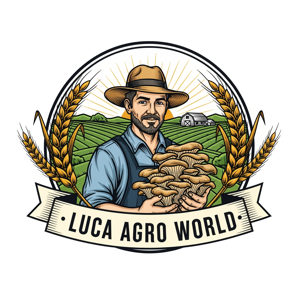 AI Design for Create a premium vintage-style agricultural logo for "LUCA AGRO WORLD". A confident farmer wearing a straw hat is holding a large bunch of fresh oyster mushrooms in the center. Include golden ripe wheat branches elegantly surrounding the logo on both sides, symbolizing agriculture and prosperity. In the background, show a clean farm landscape with green fields, a barn, and subtle sunrise rays. Use a circular emblem design with detailed line art, natural green, gold, and earthy brown colors. Add a professional ribbon banner displaying "LUCA AGRO WORLD" in bold classic serif typography. High-detail vector logo, balanced composition, premium branding, vintage farm badge style, clean white background, scalable, professional company identity, award-winning logo design.