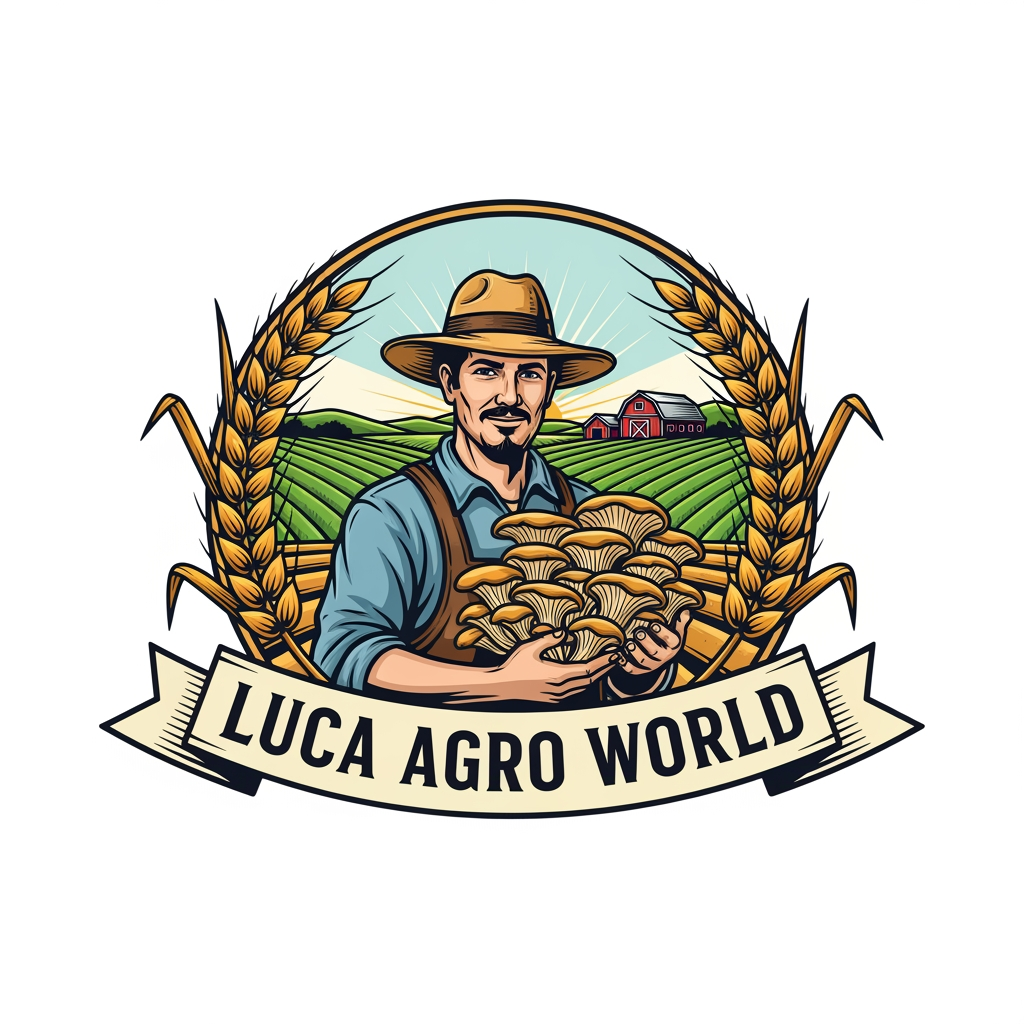 AI Design for Create a premium vintage-style agricultural logo for "LUCA AGRO WORLD". A confident farmer wearing a straw hat is holding a large bunch of fresh oyster mushrooms in the center. Include golden ripe wheat branches elegantly surrounding the logo on both sides, symbolizing agriculture and prosperity. In the background, show a clean farm landscape with green fields, a barn, and subtle sunrise rays. Use a circular emblem design with detailed line art, natural green, gold, and earthy brown colors. Add a professional ribbon banner displaying "LUCA AGRO WORLD" in bold classic serif typography. High-detail vector logo, balanced composition, premium branding, vintage farm badge style, clean white background, scalable, professional company identity, award-winning logo design.