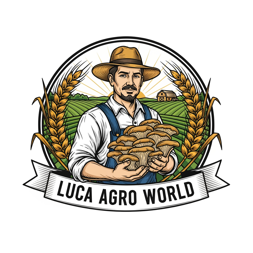 AI Design for Create a premium vintage-style agricultural logo for "LUCA AGRO WORLD". A confident farmer wearing a straw hat is holding a large bunch of fresh oyster mushrooms in the center. Include golden ripe wheat branches elegantly surrounding the logo on both sides, symbolizing agriculture and prosperity. In the background, show a clean farm landscape with green fields, a barn, and subtle sunrise rays. Use a circular emblem design with detailed line art, natural green, gold, and earthy brown colors. Add a professional ribbon banner displaying "LUCA AGRO WORLD" in bold classic serif typography. High-detail vector logo, balanced composition, premium branding, vintage farm badge style, clean white background, scalable, professional company identity, award-winning logo design.