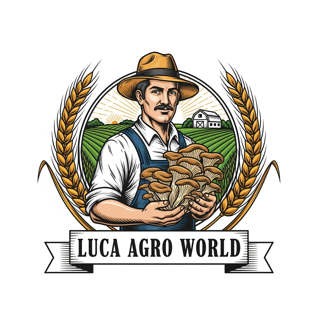 AI Design for Create a premium vintage-style agricultural logo for "LUCA AGRO WORLD". A confident farmer wearing a straw hat is holding a large bunch of fresh oyster mushrooms in the center. Include golden ripe wheat branches elegantly surrounding the logo on both sides, symbolizing agriculture and prosperity. In the background, show a clean farm landscape with green fields, a barn, and subtle sunrise rays. Use a circular emblem design with detailed line art, natural green, gold, and earthy brown colors. Add a professional ribbon banner displaying "LUCA AGRO WORLD" in bold classic serif typography. High-detail vector logo, balanced composition, premium branding, vintage farm badge style, clean white background, scalable, professional company identity, award-winning logo design.