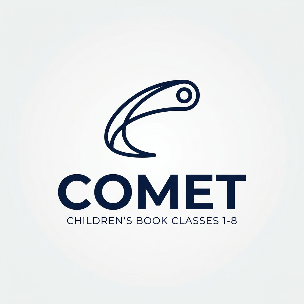 AI Design for A minimalist and professional modern logo design featuring clean geometric lines and balanced negative space, set against a solid neutral background. The aesthetic is sophisticated and timeless, utilizing a high-contrast color palette to ensure clarity and impact in various scales.
Logo name: "COMET"
Children book logo design for classes 1 to 8