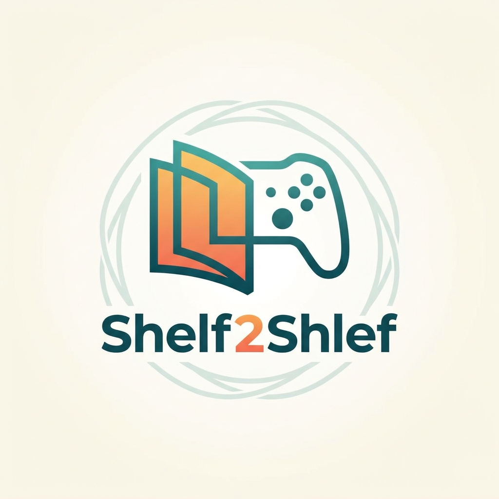 AI Design for A minimalist and modern logo design for a media exchange app, featuring a stylized graphic of an open book transitioning into a game controller silhouette. Use a clean, geometric aesthetic with a vibrant color palette of teal and sunset orange against a soft neutral background, emphasizing connectivity and community. The design should be scalable and balanced, suitable for both a high-fidelity app icon and a professional brand mark. App is called Shelf2Shlef