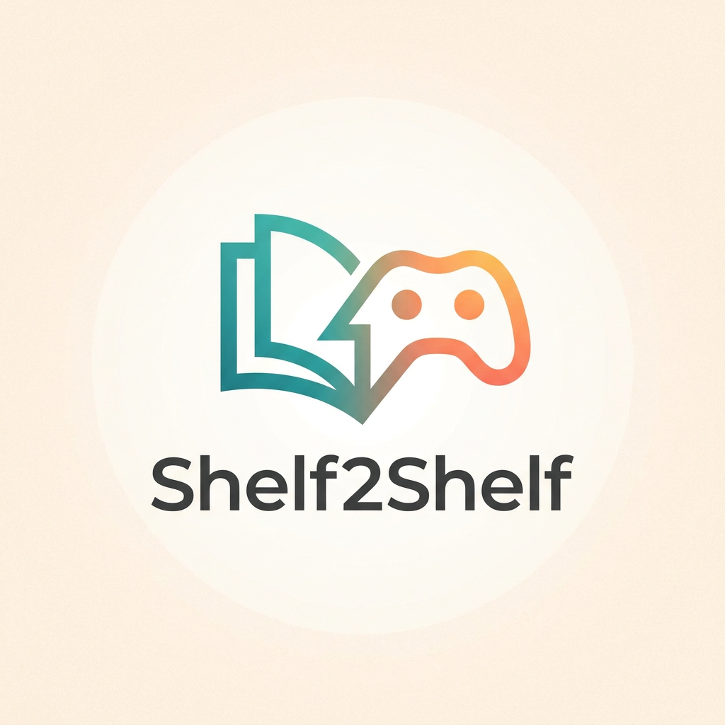 AI Design for A minimalist and modern logo design for a media exchange app, featuring a stylized graphic of an open book transitioning into a game controller silhouette. Use a clean, geometric aesthetic with a vibrant color palette of teal and sunset orange against a soft neutral background, emphasizing connectivity and community. The design should be scalable and balanced, suitable for both a high-fidelity app icon and a professional brand mark. App is called Shelf2Shlef