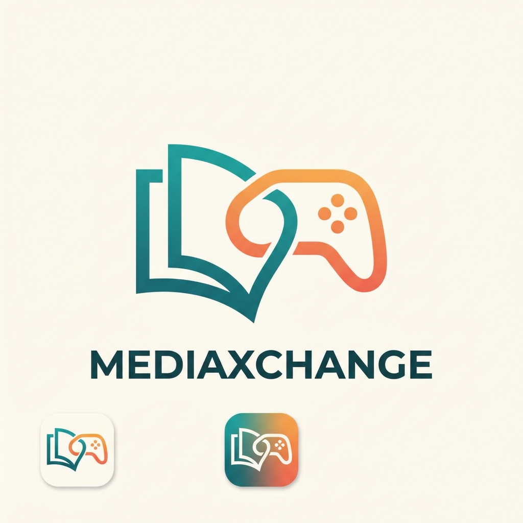 AI Design for A minimalist and modern logo design for a media exchange app, featuring a stylized graphic of an open book transitioning into a game controller silhouette. Use a clean, geometric aesthetic with a vibrant color palette of teal and sunset orange against a soft neutral background, emphasizing connectivity and community. The design should be scalable and balanced, suitable for both a high-fidelity app icon and a professional brand mark.