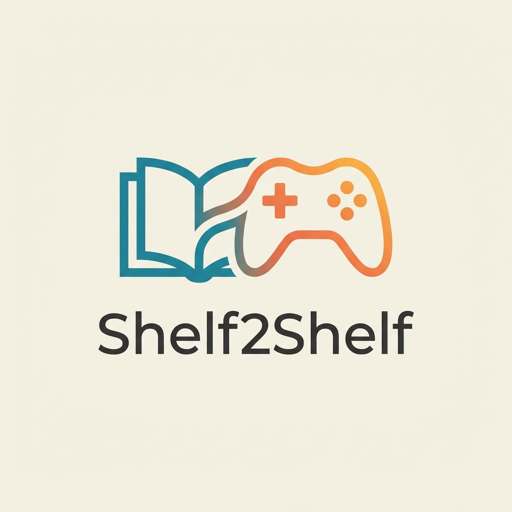 AI Design for A minimalist and modern logo design for a media exchange app, featuring a stylized graphic of an open book transitioning into a game controller silhouette. Use a clean, geometric aesthetic with a vibrant color palette of teal and sunset orange against a soft neutral background, emphasizing connectivity and community. The design should be scalable and balanced, suitable for both a high-fidelity app icon and a professional brand mark. App is called Shelf2Shlef