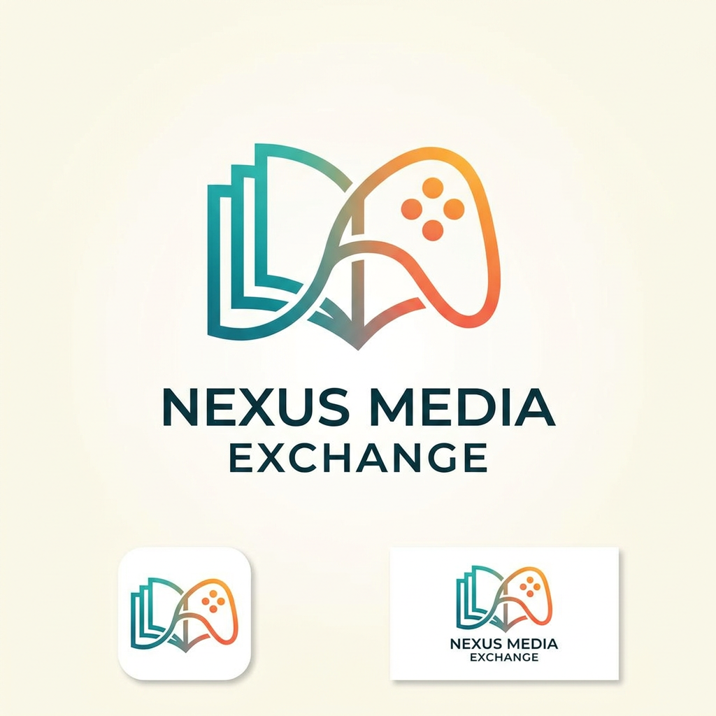 AI Design for A minimalist and modern logo design for a media exchange app, featuring a stylized graphic of an open book transitioning into a game controller silhouette. Use a clean, geometric aesthetic with a vibrant color palette of teal and sunset orange against a soft neutral background, emphasizing connectivity and community. The design should be scalable and balanced, suitable for both a high-fidelity app icon and a professional brand mark.