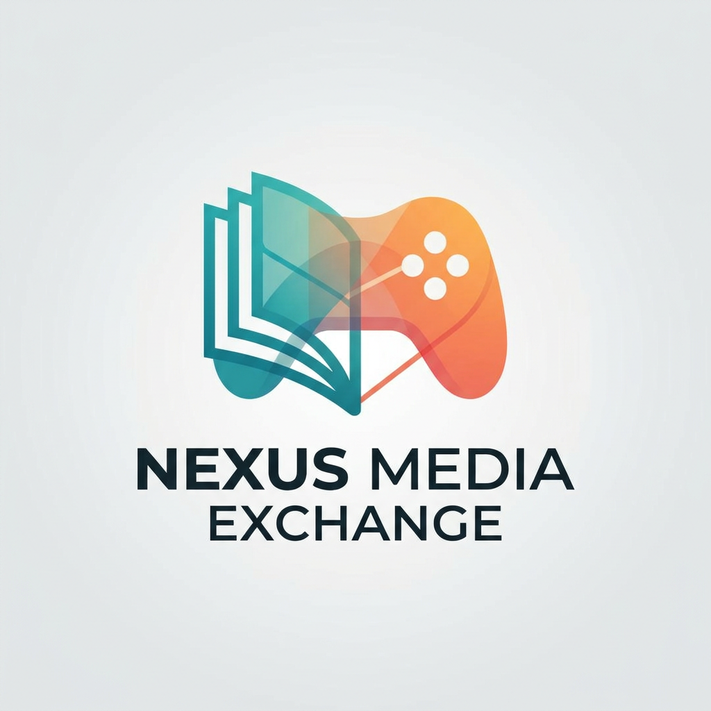 AI Design for A minimalist and modern logo design for a media exchange app, featuring a stylized graphic of an open book transitioning into a game controller silhouette. Use a clean, geometric aesthetic with a vibrant color palette of teal and sunset orange against a soft neutral background, emphasizing connectivity and community. The design should be scalable and balanced, suitable for both a high-fidelity app icon and a professional brand mark.