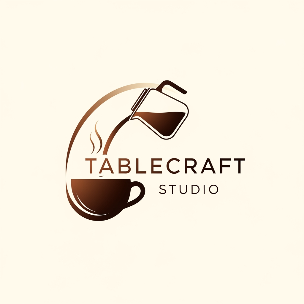 AI Design for A Elegant logo for a Cafe Website called TableCraft Studio that build websites for cafes that blends with the text not look separate. Let b is tablecraft be a coffee cup for bottom and for the upper line it should be pouring coffee to the cup from a jar