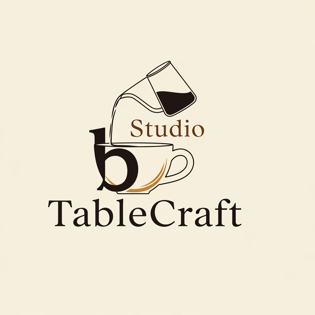 AI Design for A Elegant logo for a Cafe Website called TableCraft Studio that build websites for cafes that blends with the text not look separate. Let b is tablecraft be a coffee cup for bottom and for the upper line it should be pouring coffee to the cup from a jar