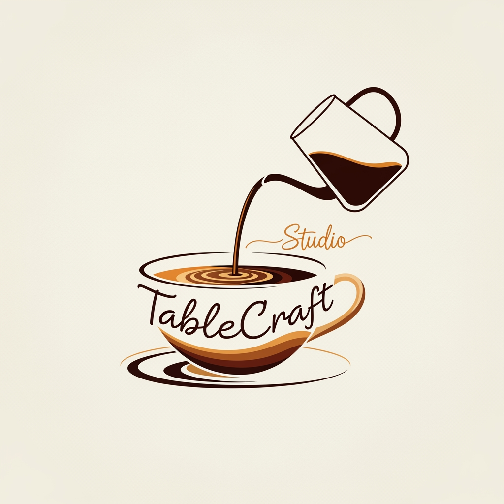AI Design for A Elegant logo for a Cafe Website called TableCraft Studio that build websites for cafes that blends with the text not look separate. Let b is tablecraft be a coffee cup for bottom and for the upper line it should be pouring coffee to the cup from a jar