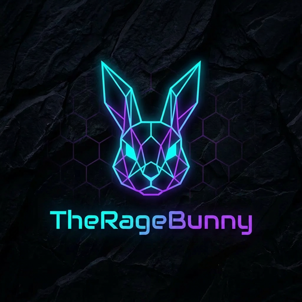 AI Design for A sleek, minimalist gaming logo featuring a bold geometric emblem centered on a dark obsidian background. Use vibrant neon cyan and electric purple accents with a sharp, modern aesthetic, high-contrast lighting, and a clean vector-style finish suitable for a professional YouTube channel profile icon and add bunny logo in vector style give name to it "TheRageBunny"