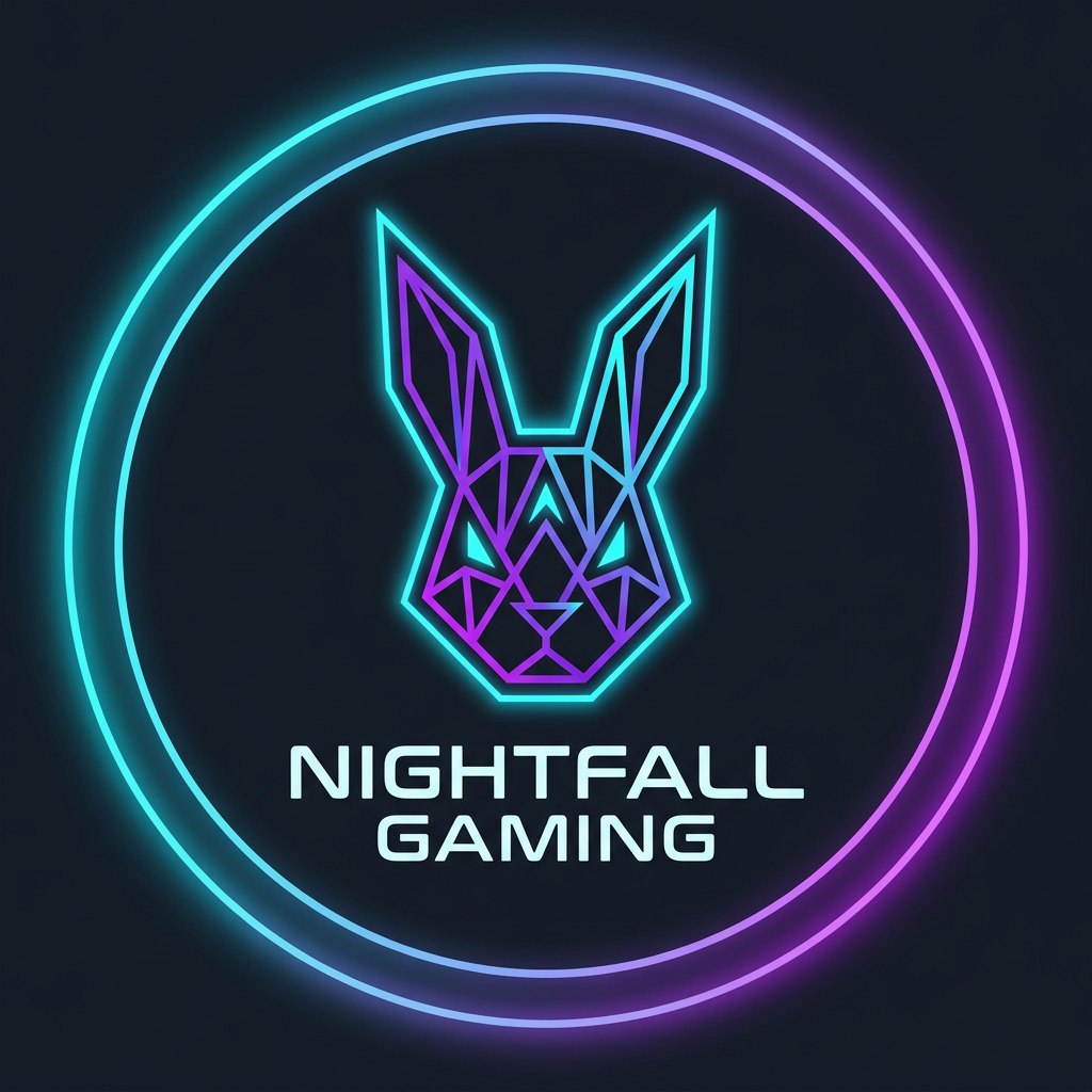 AI Design for A sleek, minimalist gaming logo featuring a bold geometric emblem centered on a dark obsidian background. Use vibrant neon cyan and electric purple accents with a sharp, modern aesthetic, high-contrast lighting, and a clean vector-style finish suitable for a professional YouTube channel profile icon and add bunny logo in vector style