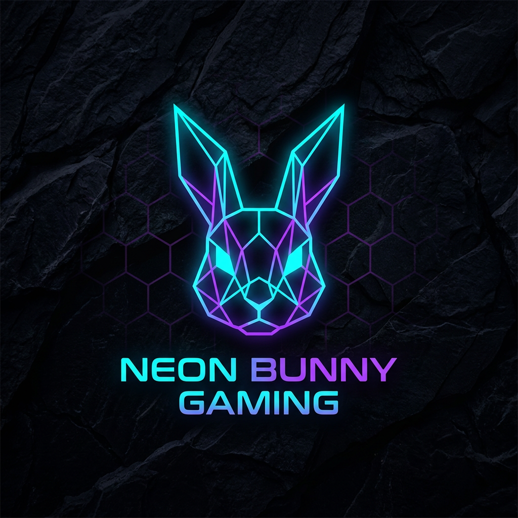 AI Design for A sleek, minimalist gaming logo featuring a bold geometric emblem centered on a dark obsidian background. Use vibrant neon cyan and electric purple accents with a sharp, modern aesthetic, high-contrast lighting, and a clean vector-style finish suitable for a professional YouTube channel profile icon and add bunny logo in vector style