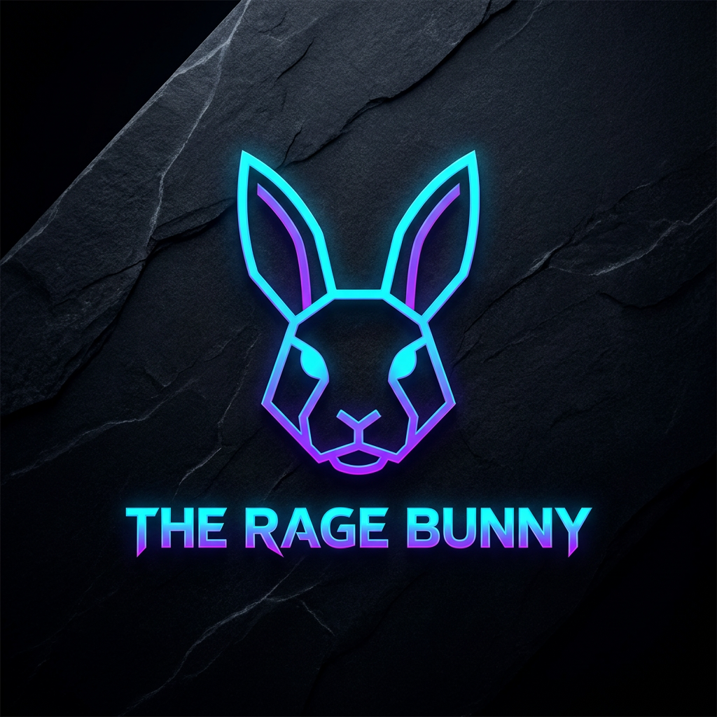 AI Design for A sleek, minimalist gaming logo featuring a bold geometric emblem centered on a dark obsidian background. Use vibrant neon cyan and electric purple accents with a sharp, modern aesthetic, high-contrast lighting, and a clean vector-style finish suitable for a professional YouTube channel profile icon and add bunny logo in vector style give name to it "TheRageBunny"
