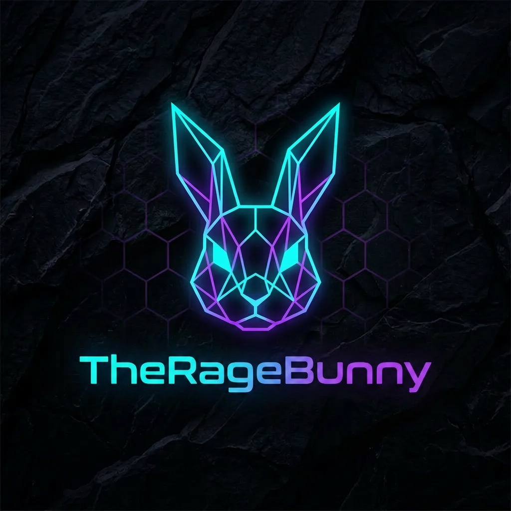 AI Design for A sleek, minimalist gaming logo featuring a bold geometric emblem centered on a dark obsidian background. Use vibrant neon cyan and electric purple accents with a sharp, modern aesthetic, high-contrast lighting, and a clean vector-style finish suitable for a professional YouTube channel profile icon and add bunny logo in vector style give name to it "TheRageBunny"