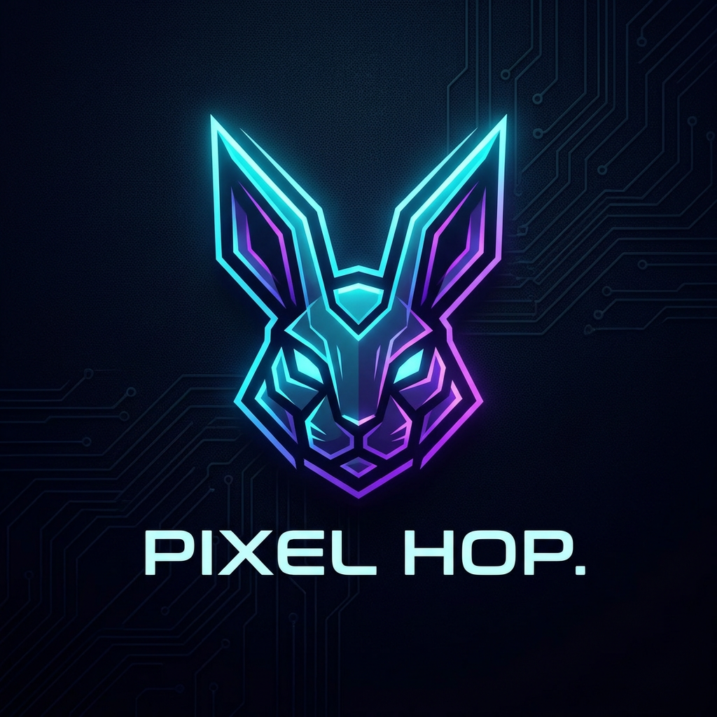 AI Design for A sleek, minimalist gaming logo featuring a bold geometric emblem centered on a dark obsidian background. Use vibrant neon cyan and electric purple accents with a sharp, modern aesthetic, high-contrast lighting, and a clean vector-style finish suitable for a professional YouTube channel profile icon and add bunny logo in vector style