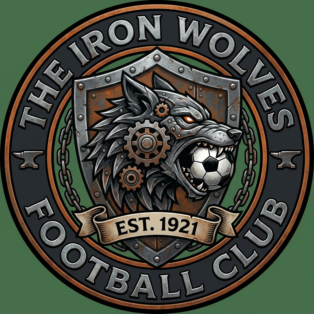 AI Design for emblem logo — Football / soccer club (The Iron Wolves) Design a contained emblem for a fictional sports club. Tests your ability to work within a structured shape and balance multiple elements.