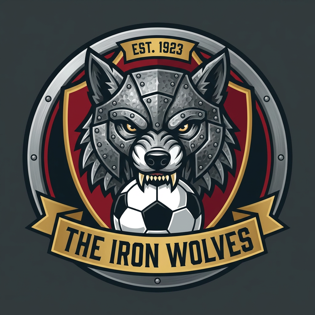 AI Design for emblem logo — Football / soccer club (The Iron Wolves) Design a contained emblem for a fictional sports club. Tests your ability to work within a structured shape and balance multiple elements.