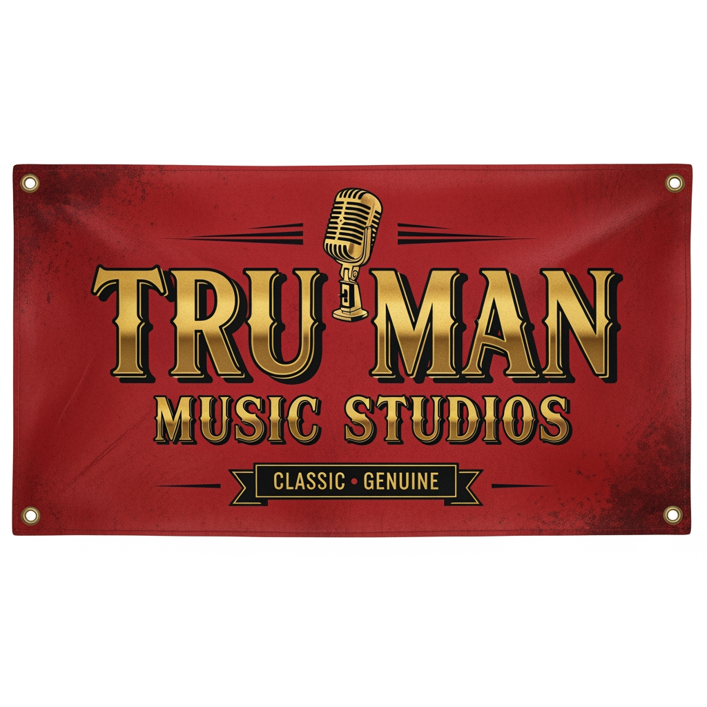 AI Design for make a banner of music studio . studio name is TRU MAN MUSIC STUDIOS . MAKE BANNER IN BOLD COLURING DESGINER FONTS . MAKE BANNER CLASSIC GENUNE