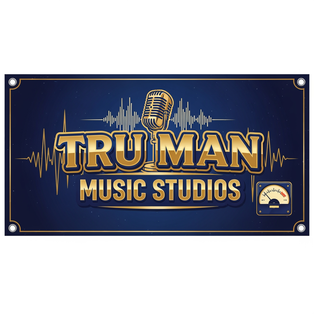 AI Design for make a banner of music studio . studio name is TRU MAN MUSIC STUDIOS . MAKE BANNER IN BOLD COLURING DESGINER FONTS . MAKE BANNER CLASSIC GENUNE