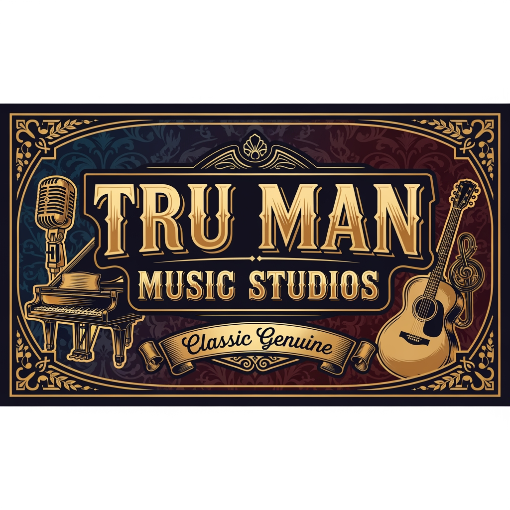 AI Design for make a banner of music studio . studio name is TRU MAN MUSIC STUDIOS . MAKE BANNER IN BOLD COLURING DESGINER FONTS . MAKE BANNER CLASSIC GENUNE