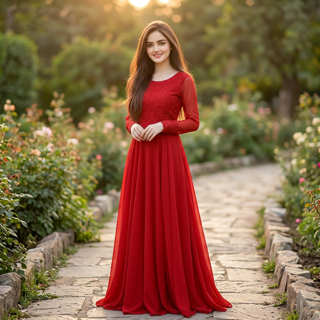 AI Design for Create a realistic full-body portrait of the girl from the uploaded photo. Keep her face as close to the original as possible. She is wearing a beautiful red full frock, has long open hair, standing naturally, elegant pose, soft outdoor background, high-quality realistic photography style.