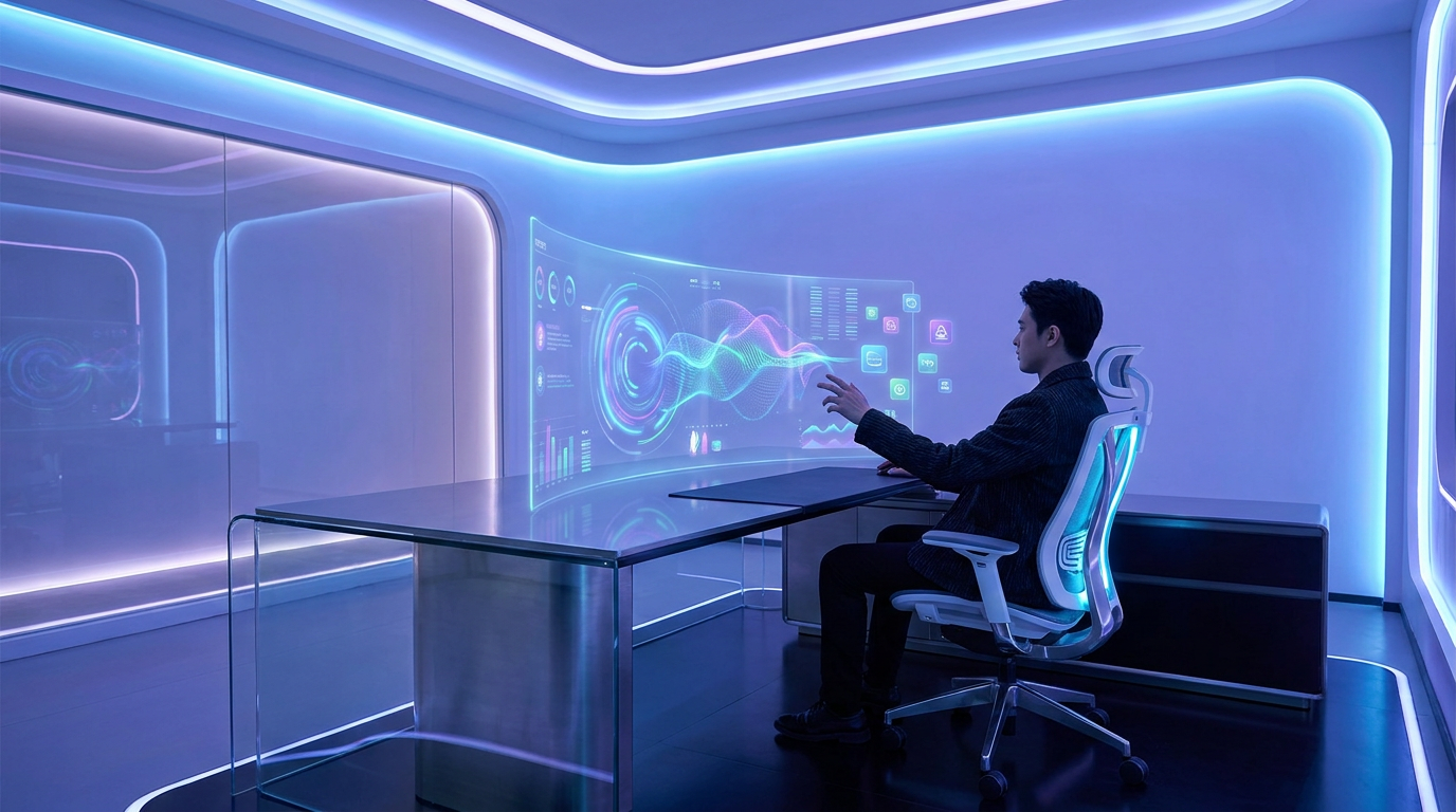 AI Design for A sleek, futuristic workspace featuring an immersive digital canvas tech interface. The scene is illuminated by soft, ambient blue and violet bioluminescent light, highlighting the high-resolution, holographic display textures and minimalist hardware design.